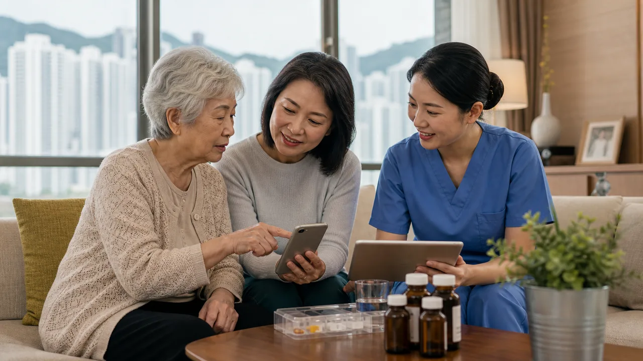 長者、家屬與護理同事一起查看 eHealth 相關健康資訊
